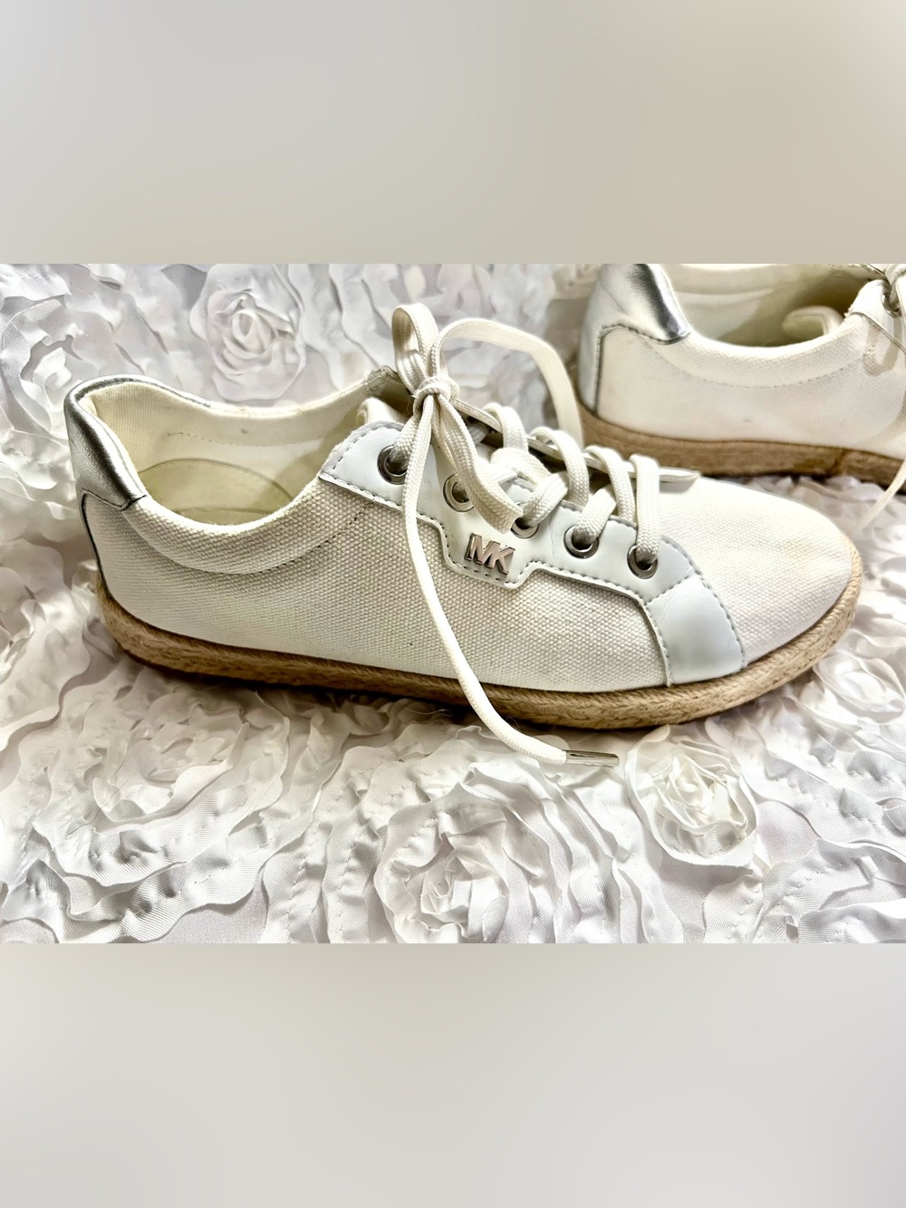 Michael Kors Woman’s White Canvas Espadrille Lace-Up Sneakers with Silver MK